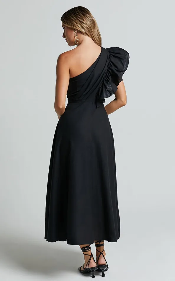 Showpo Dixie Midi Dress 8211 Linen Look One Shoulder Ruffle Dress In Black Women Dresses