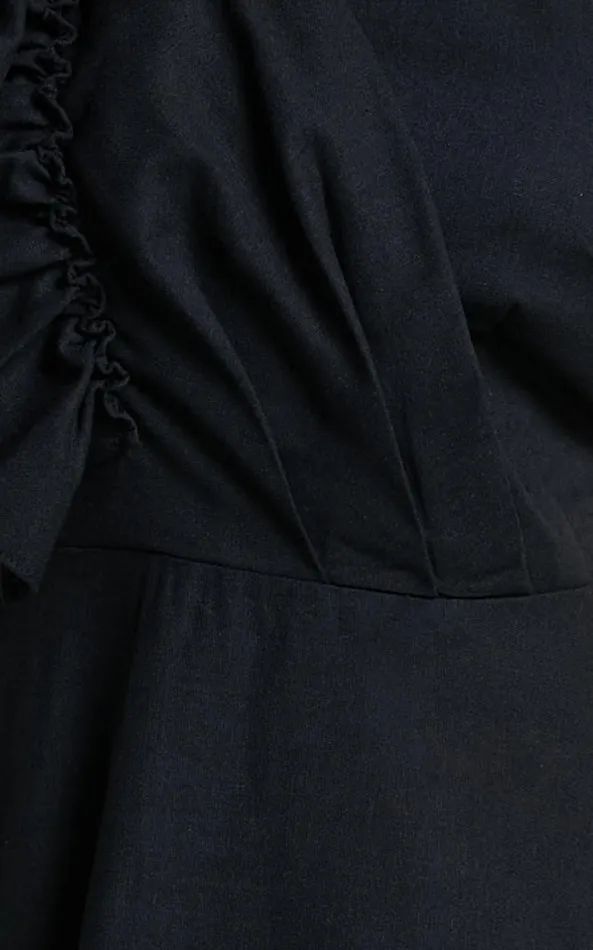 Showpo Dixie Midi Dress 8211 Linen Look One Shoulder Ruffle Dress In Black Women Dresses