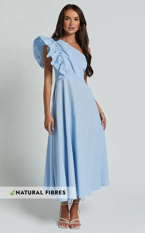 Showpo Dixie Midi Dress 8211 Linen Look One Shoulder Ruffle Dress In Blue Women Dresses Showpo Dixie Midi Dress 8211 Linen Look One Shoulder Ruffle Dress In Blue Women Dresses
