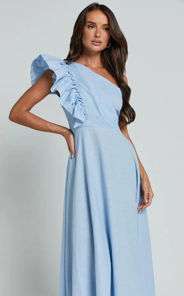Showpo Dixie Midi Dress 8211 Linen Look One Shoulder Ruffle Dress In Blue Women Dresses