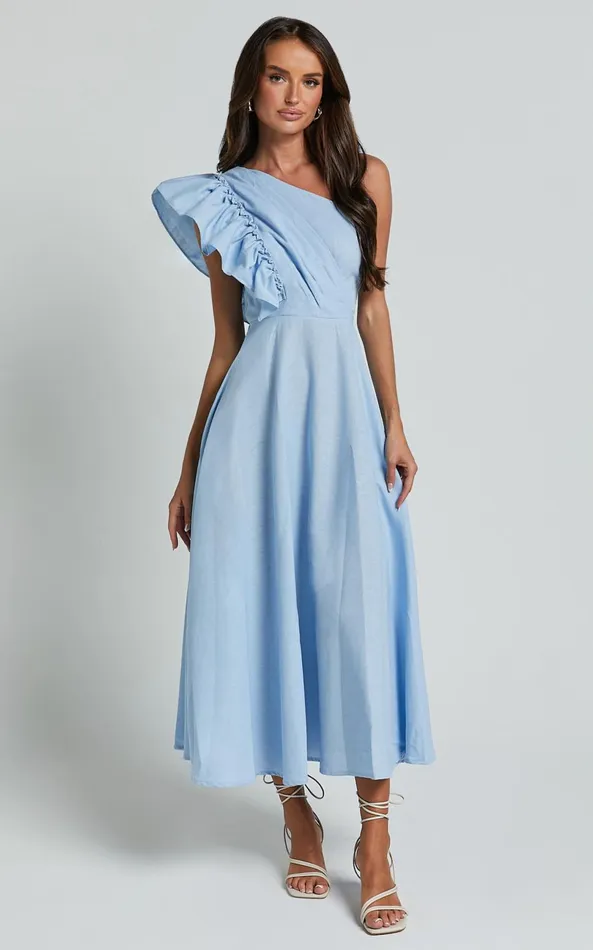 Showpo Dixie Midi Dress 8211 Linen Look One Shoulder Ruffle Dress In Blue Women Dresses