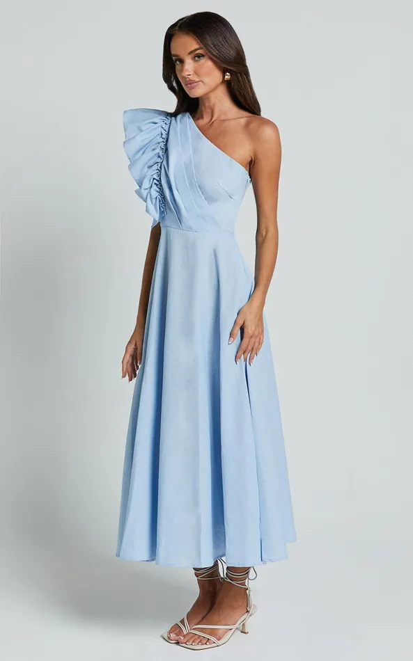 Showpo Dixie Midi Dress 8211 Linen Look One Shoulder Ruffle Dress In Blue Women Dresses