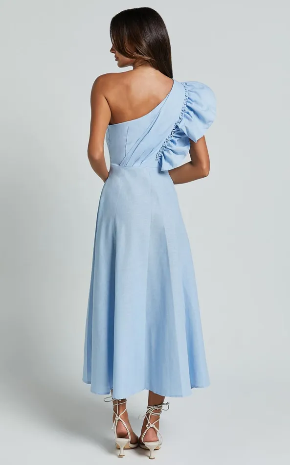 Showpo Dixie Midi Dress 8211 Linen Look One Shoulder Ruffle Dress In Blue Women Dresses