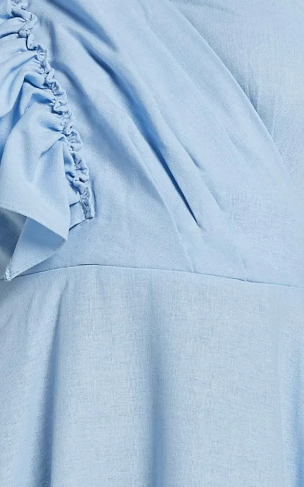 Showpo Dixie Midi Dress 8211 Linen Look One Shoulder Ruffle Dress In Blue Women Dresses