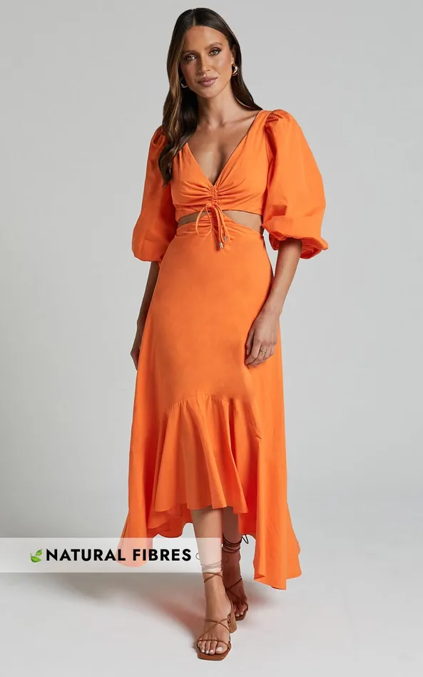 Showpo Djibouti Midi Dress 8211 Puff Sleeve Cut Out Dress In Orange Women Dresses Showpo Djibouti Midi Dress 8211 Puff Sleeve Cut Out Dress In Orange Women Dresses