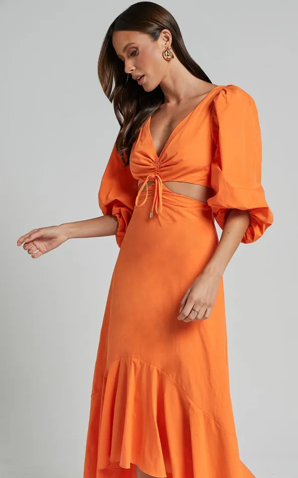 Showpo Djibouti Midi Dress 8211 Puff Sleeve Cut Out Dress In Orange Women Dresses