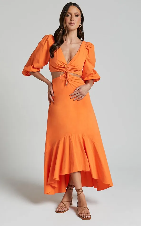 Showpo Djibouti Midi Dress 8211 Puff Sleeve Cut Out Dress In Orange Women Dresses
