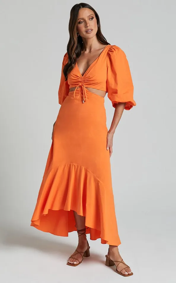 Showpo Djibouti Midi Dress 8211 Puff Sleeve Cut Out Dress In Orange Women Dresses