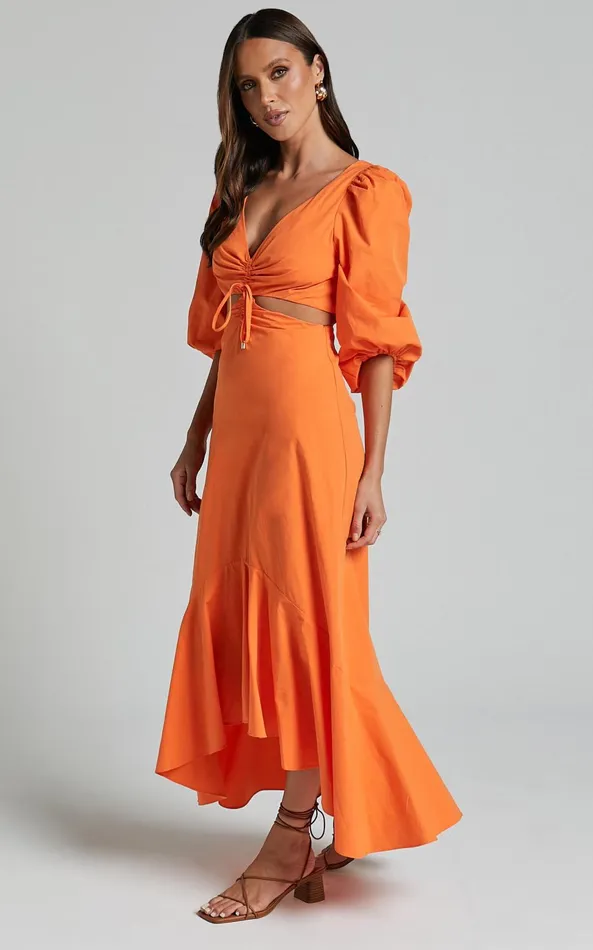 Showpo Djibouti Midi Dress 8211 Puff Sleeve Cut Out Dress In Orange Women Dresses