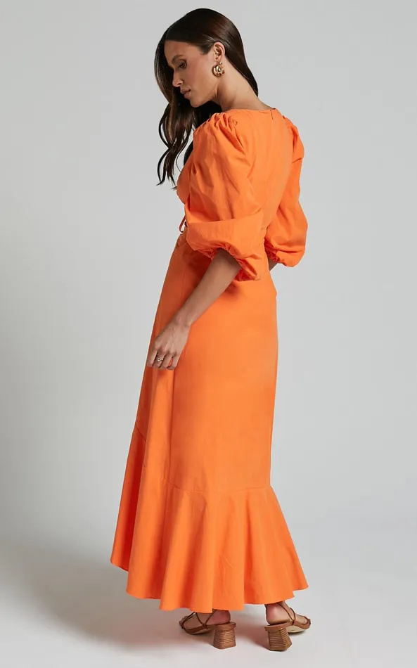 Showpo Djibouti Midi Dress 8211 Puff Sleeve Cut Out Dress In Orange Women Dresses