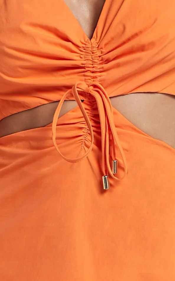 Showpo Djibouti Midi Dress 8211 Puff Sleeve Cut Out Dress In Orange Women Dresses