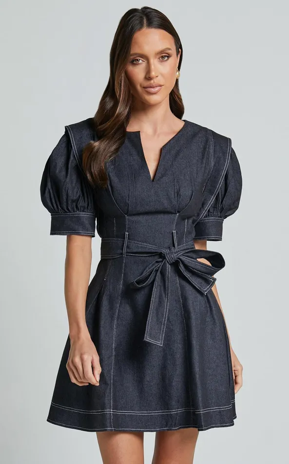 Showpo Dolores Mini Dress 8211 Close V Neck Short Puff Sleeve Belted Dress In Black Women Dresses