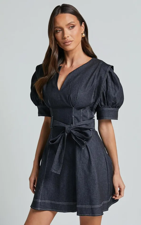 Showpo Dolores Mini Dress 8211 Close V Neck Short Puff Sleeve Belted Dress In Black Women Dresses