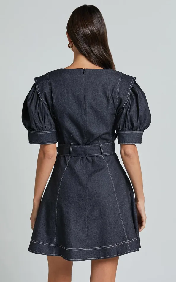 Showpo Dolores Mini Dress 8211 Close V Neck Short Puff Sleeve Belted Dress In Black Women Dresses