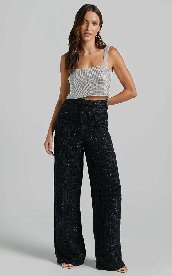 Showpo Dominik Pants 8211 Tweed Tailored High Waisted Wide Leg In Black Women Pants