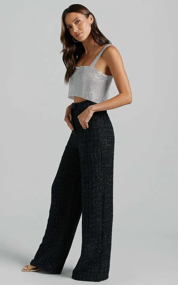 Showpo Dominik Pants 8211 Tweed Tailored High Waisted Wide Leg In Black Women Pants