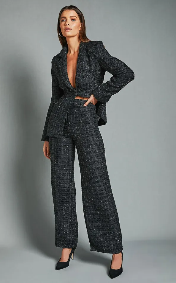 Showpo Dominik Pants 8211 Tweed Tailored High Waisted Wide Leg In Black Women Pants