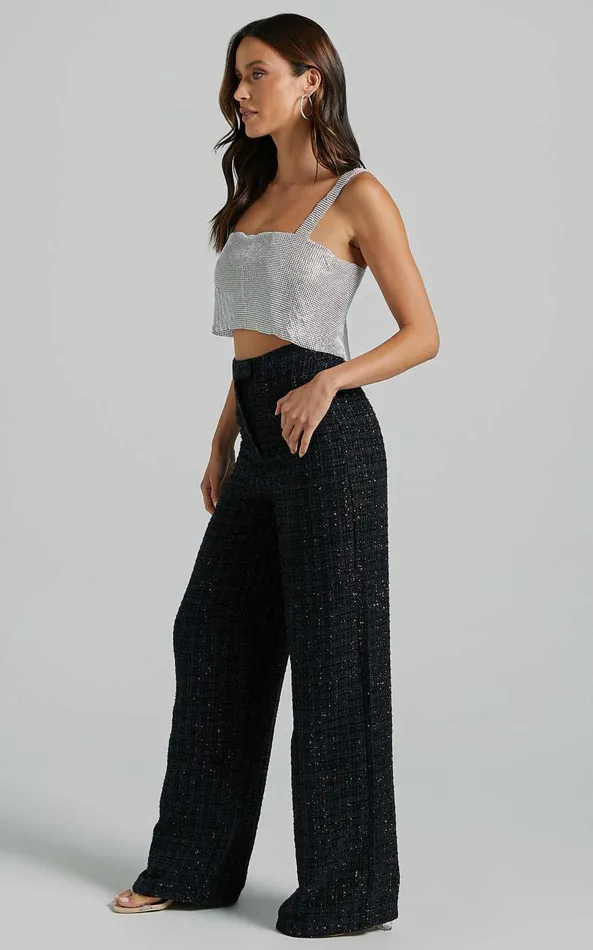 Showpo Dominik Pants 8211 Tweed Tailored High Waisted Wide Leg In Black Women Pants