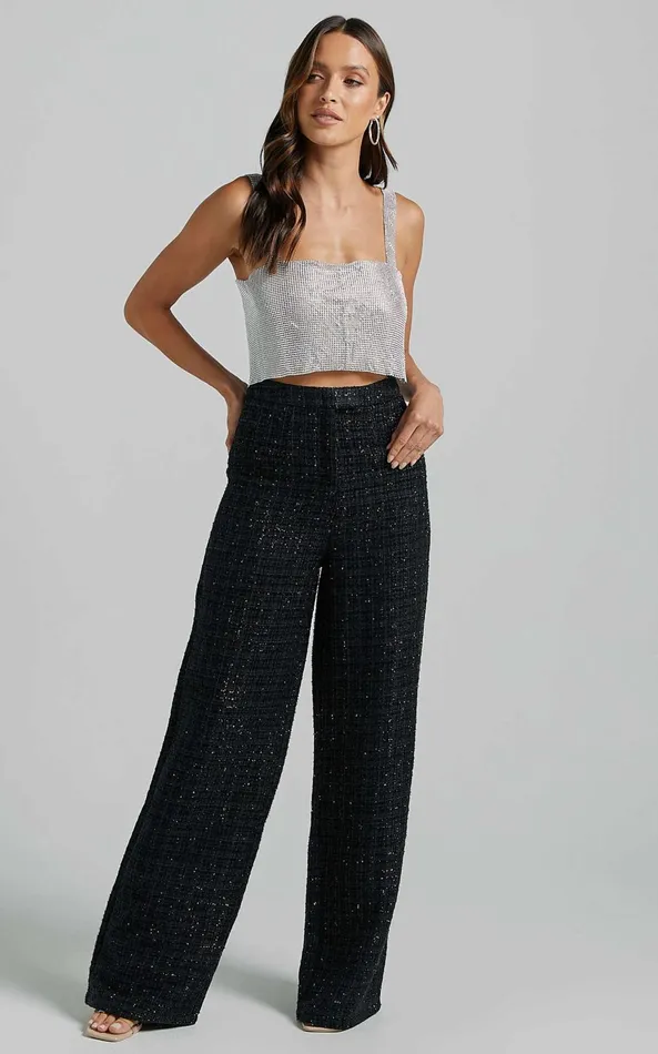 Showpo Dominik Pants 8211 Tweed Tailored High Waisted Wide Leg In Black Women Pants
