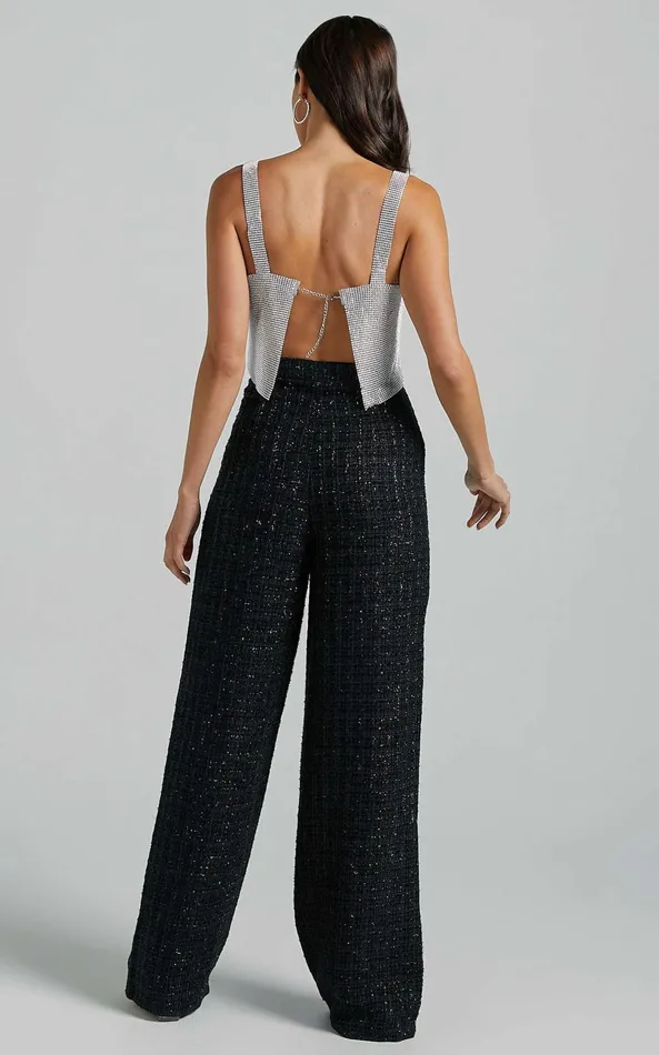 Showpo Dominik Pants 8211 Tweed Tailored High Waisted Wide Leg In Black Women Pants