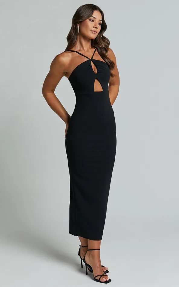 Showpo Dominika Midi Dress 8211 Halter Neck Cut Out Bodycon Dress In Black Women Dresses