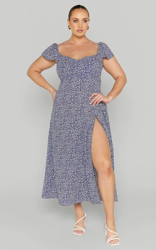 Showpo Donissa Midi Dress 8211 Thigh Split Flutter Sleeve Dress In Blue Women Dresses