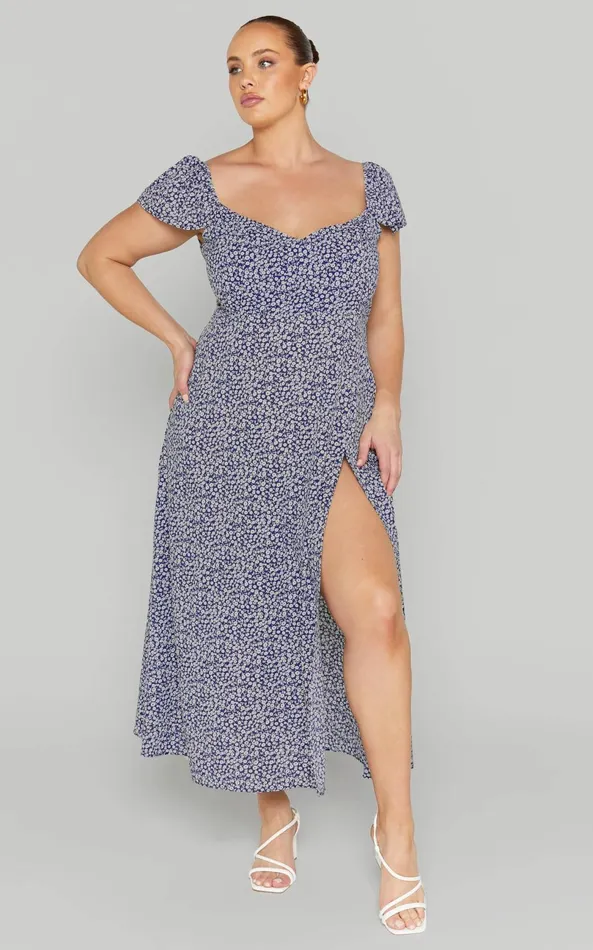 Showpo Donissa Midi Dress 8211 Thigh Split Flutter Sleeve Dress In Blue Women Dresses