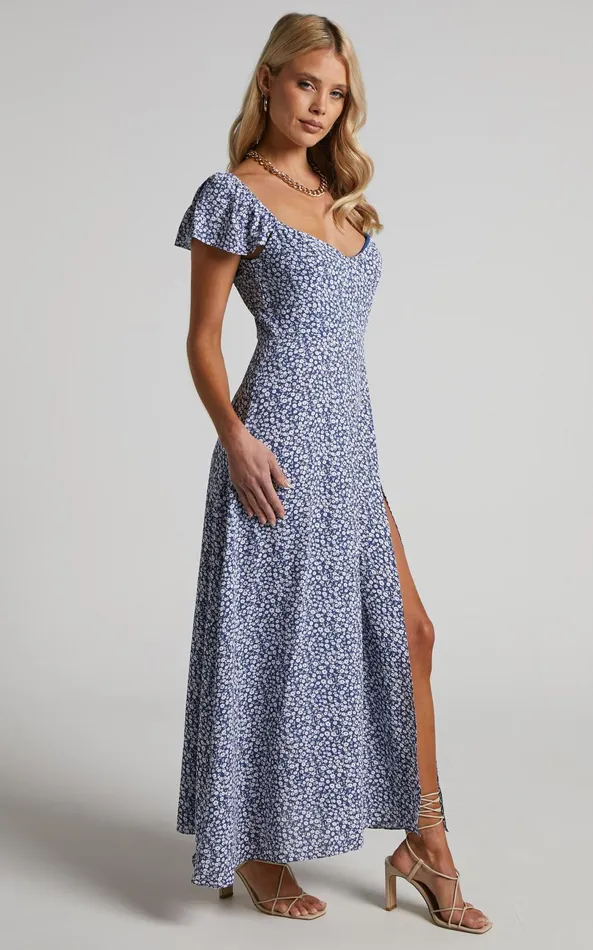 Showpo Donissa Midi Dress 8211 Thigh Split Flutter Sleeve Dress In Blue Women Dresses