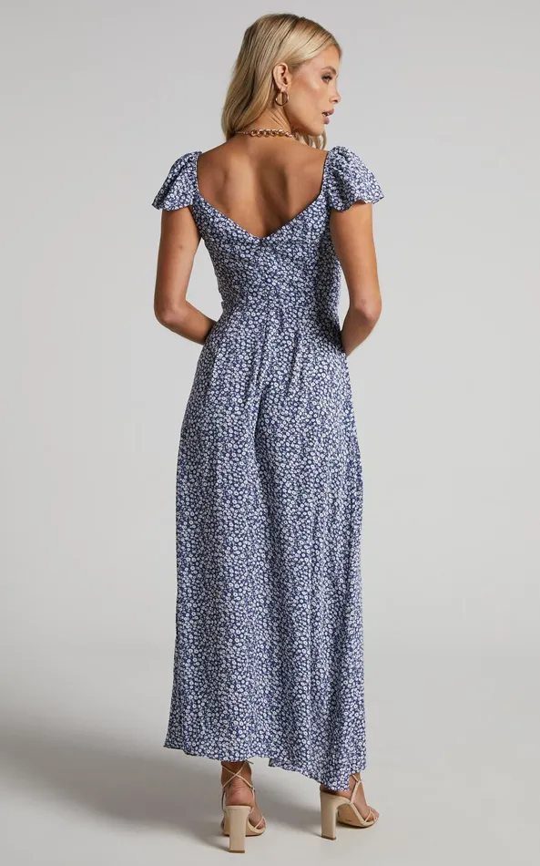 Showpo Donissa Midi Dress 8211 Thigh Split Flutter Sleeve Dress In Blue Women Dresses