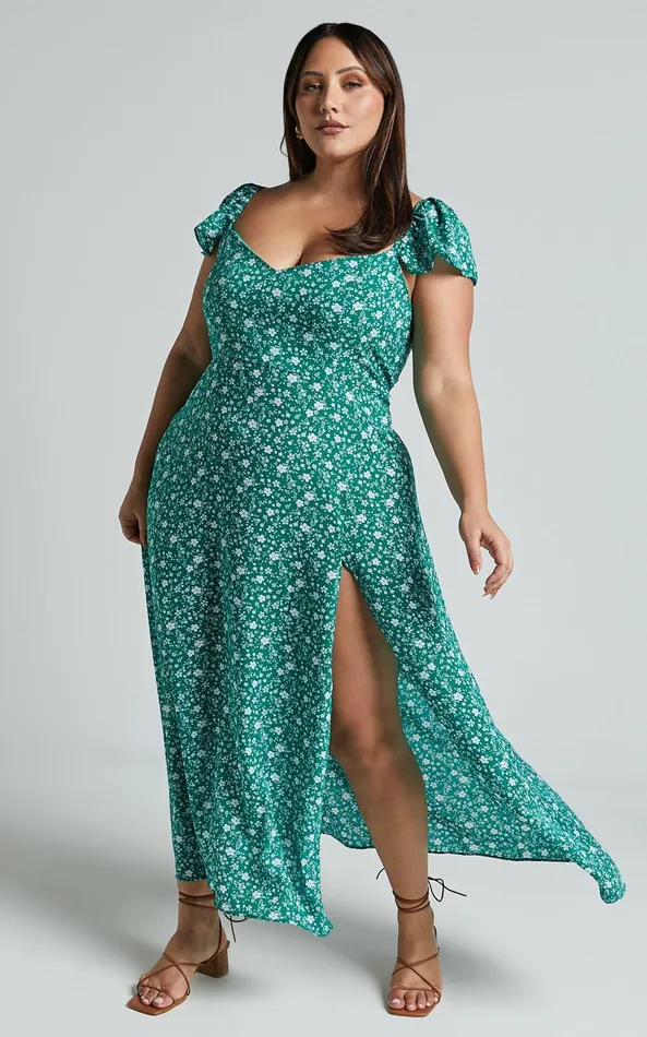 Showpo Donissa Midi Dress 8211 Thigh Split Flutter Sleeve Dress In Green Women Curve Clothes
