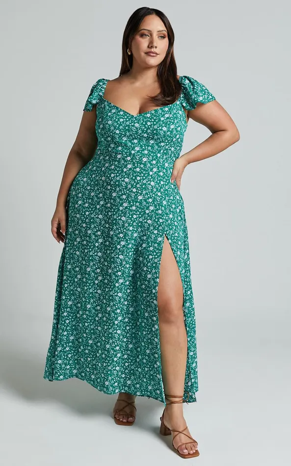 Showpo Donissa Midi Dress 8211 Thigh Split Flutter Sleeve Dress In Green Women Curve Clothes