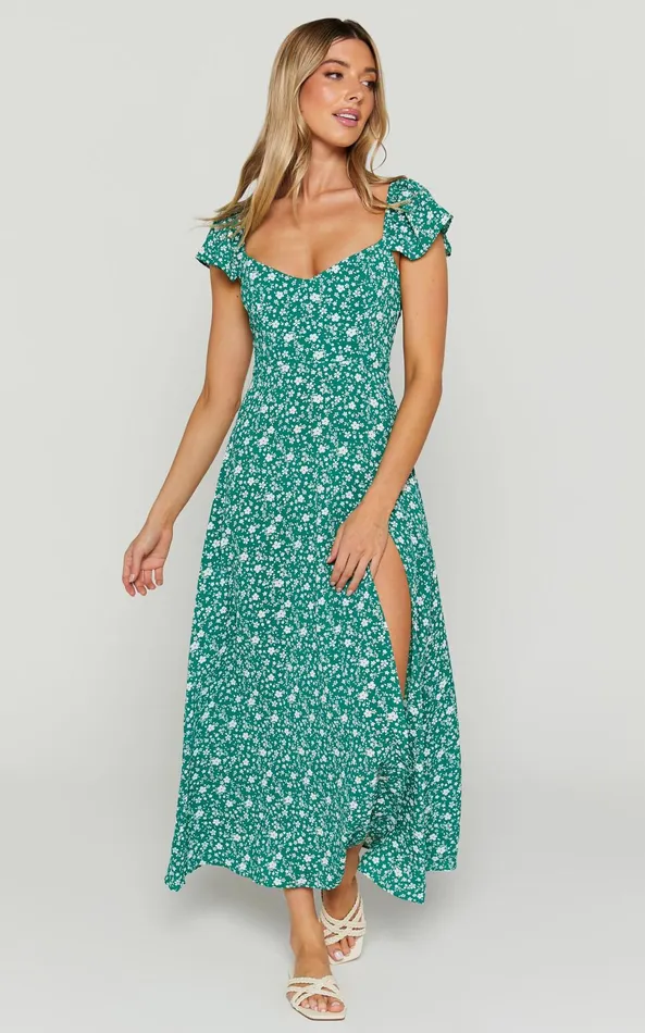 Showpo Donissa Midi Dress 8211 Thigh Split Flutter Sleeve Dress In Green Women Curve Clothes