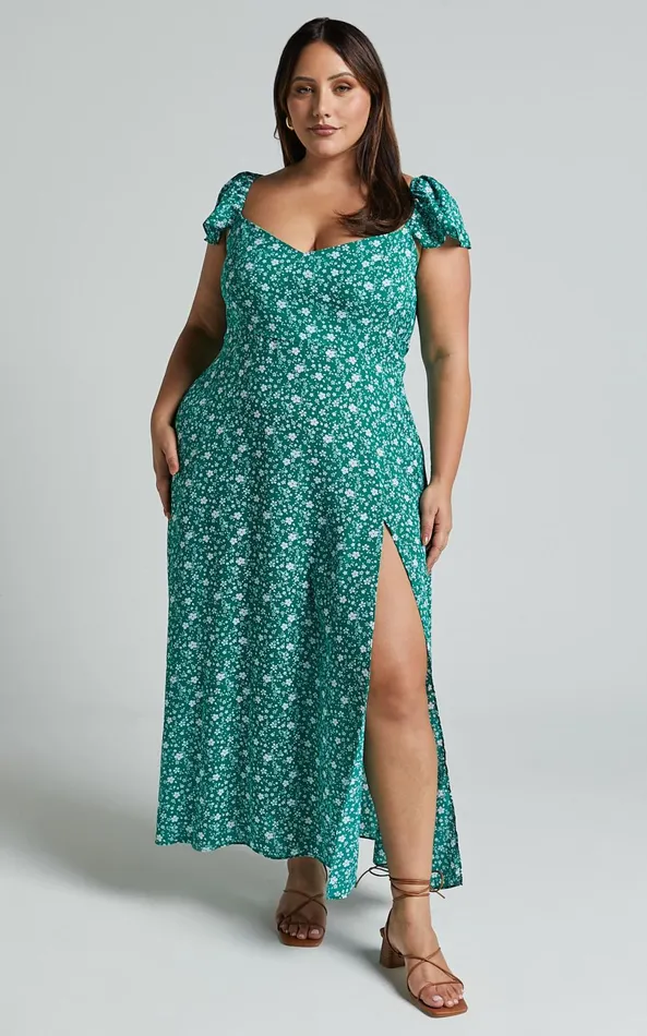 Showpo Donissa Midi Dress 8211 Thigh Split Flutter Sleeve Dress In Green Women Curve Clothes