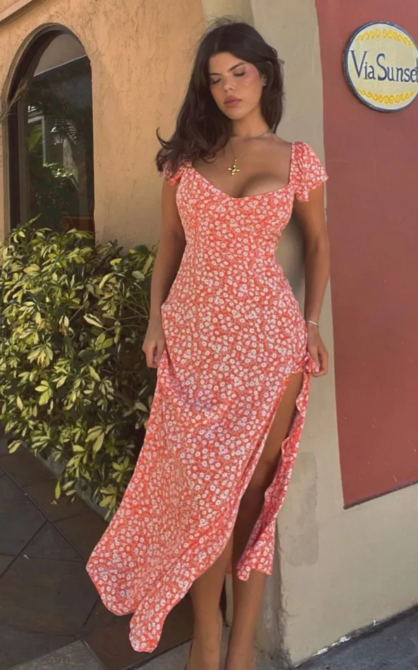 Showpo Donissa Midi Dress 8211 Thigh Split Flutter Sleeve Dress In Orange Floral Women Curve Clothes Showpo Donissa Midi Dress 8211 Thigh Split Flutter Sleeve Dress In Orange Floral Women Curve Clothes