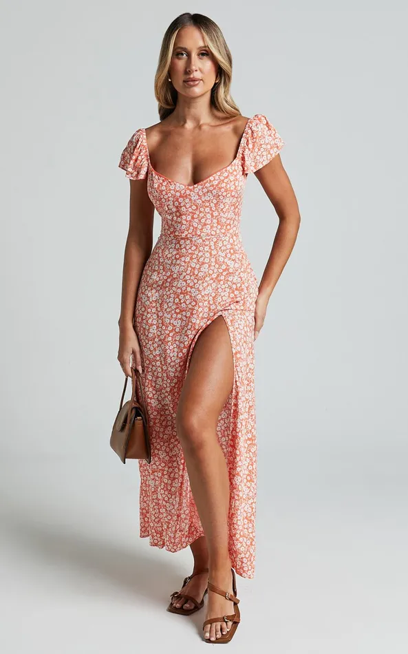 Showpo Donissa Midi Dress 8211 Thigh Split Flutter Sleeve Dress In Orange Floral Women Curve Clothes