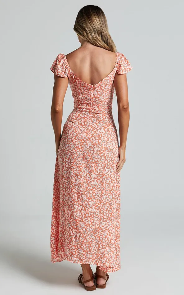 Showpo Donissa Midi Dress 8211 Thigh Split Flutter Sleeve Dress In Orange Floral Women Curve Clothes