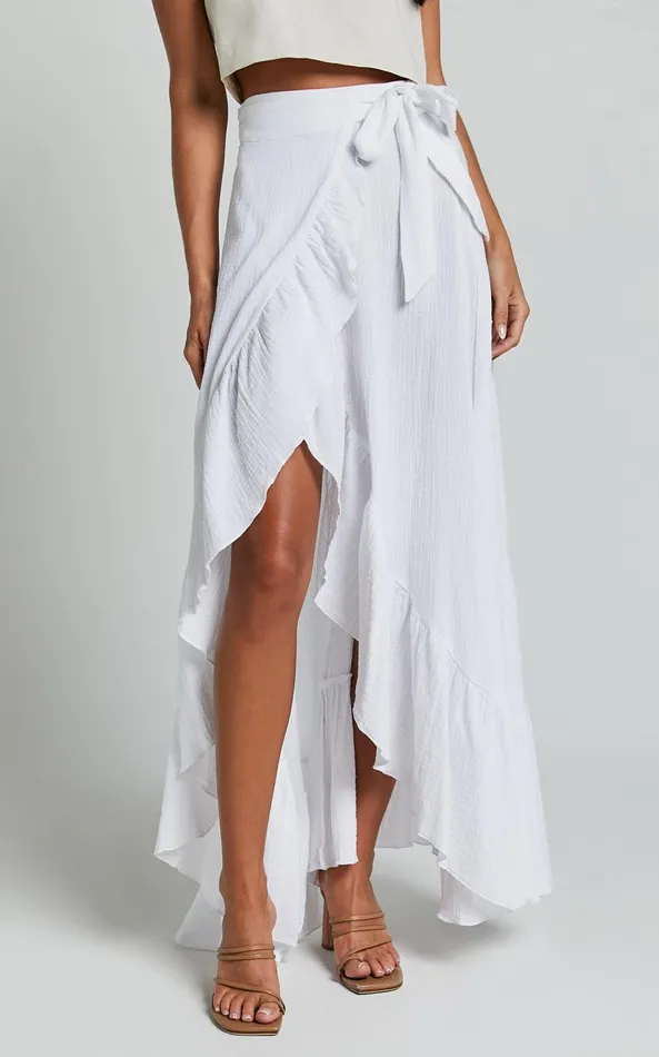 Showpo Donita Midi Skirt 8211 Muslin Wrap Skirt In White Women Skirts