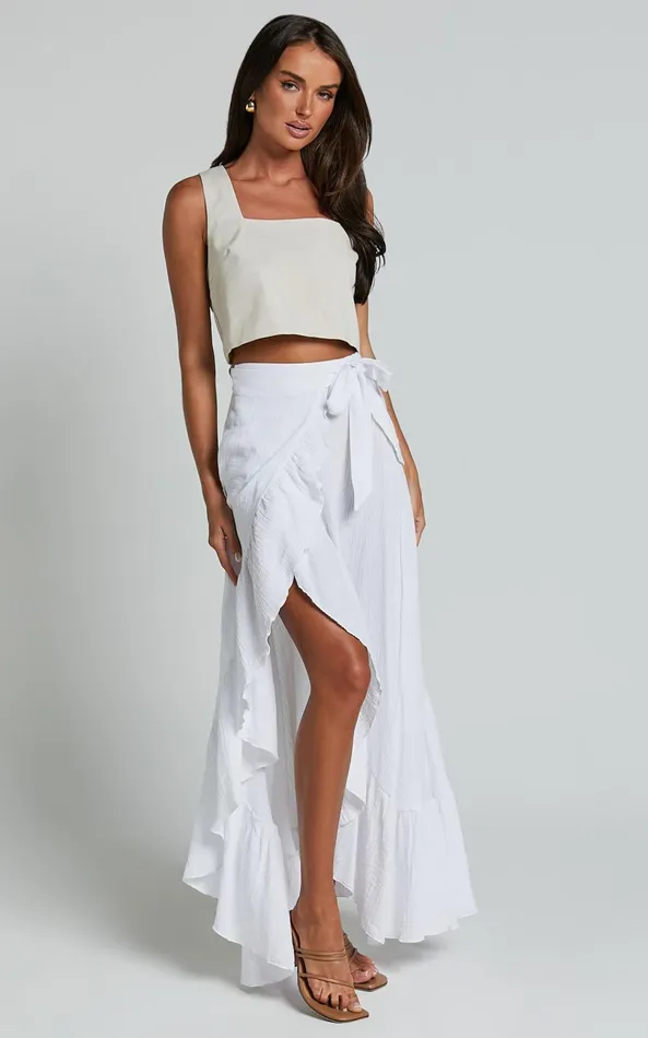 Showpo Donita Midi Skirt 8211 Muslin Wrap Skirt In White Women Skirts