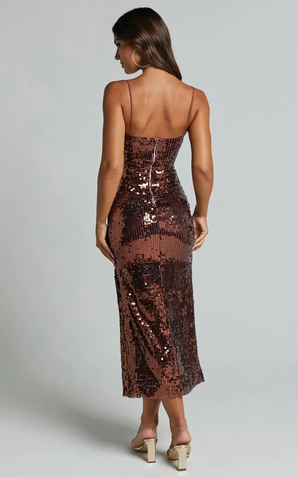 Showpo Dorice Midi Dress 8211 Strappy Straight Neck Square Sequin Dress In Chocolate Women Dresses