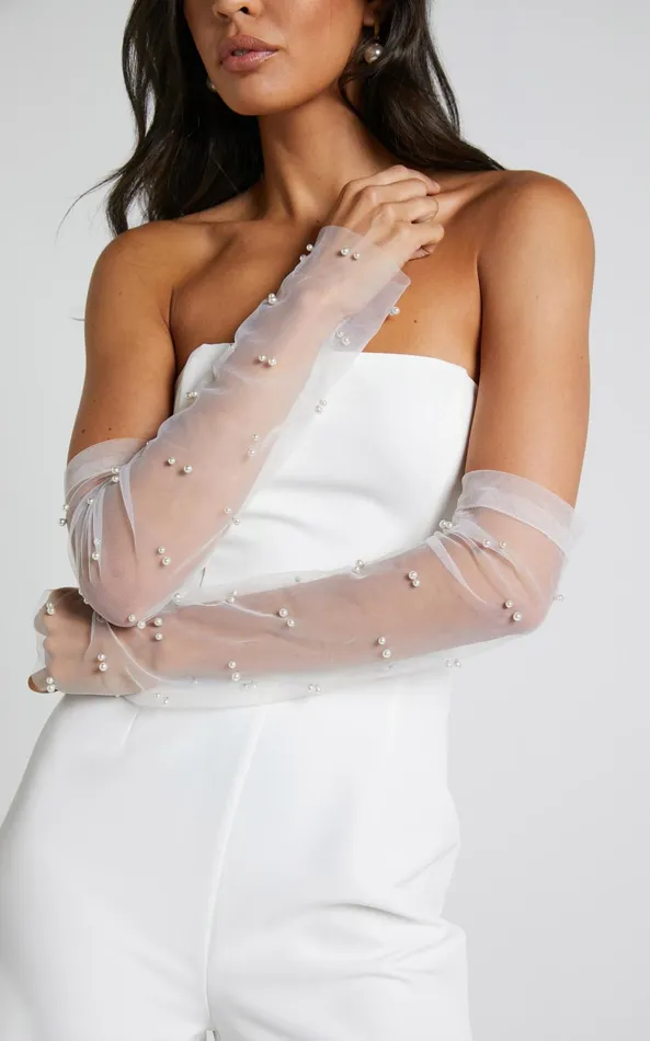 Showpo Dorina Gloves 8211 Fingerless Pearl Detail Tulle Gloves In White Women Scarves and Gloves