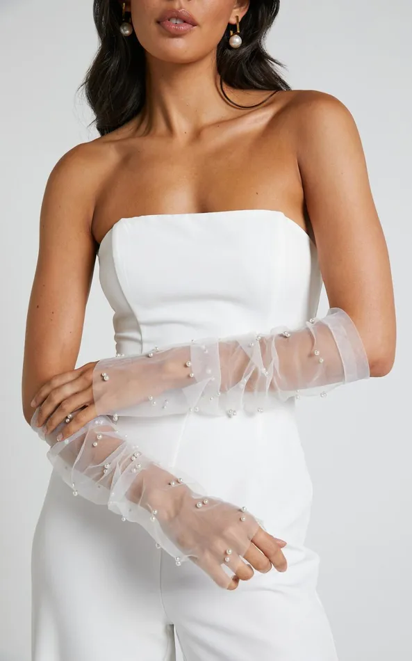Showpo Dorina Gloves 8211 Fingerless Pearl Detail Tulle Gloves In White Women Scarves and Gloves