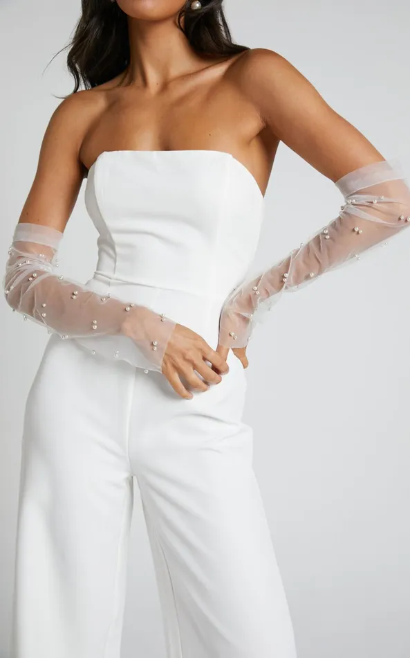 Showpo Dorina Gloves 8211 Fingerless Pearl Detail Tulle Gloves In White Women Scarves and Gloves