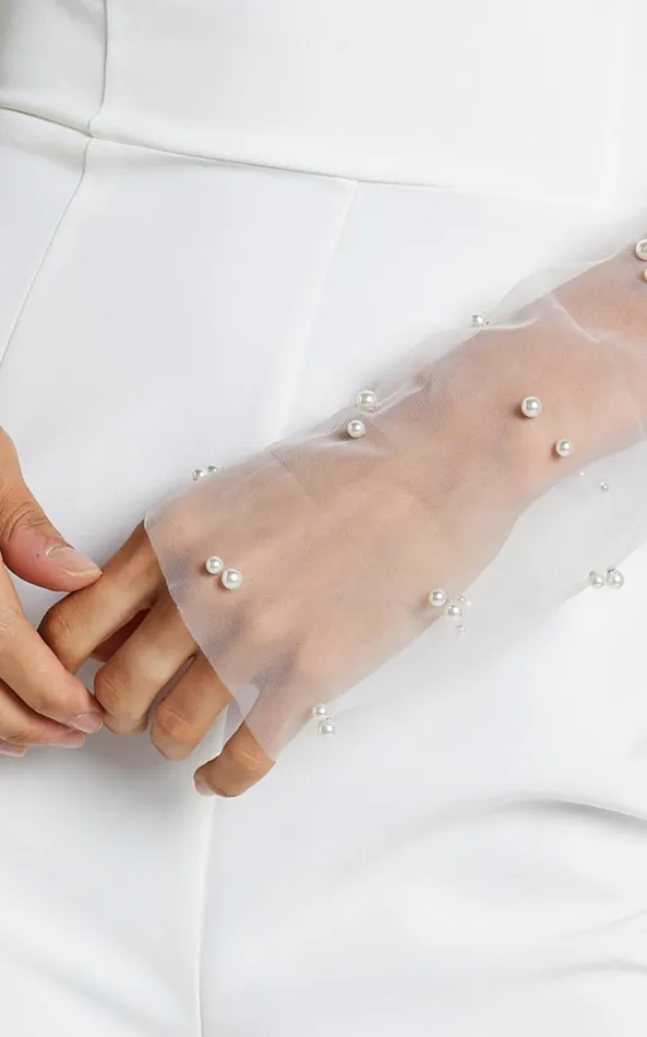 Showpo Dorina Gloves 8211 Fingerless Pearl Detail Tulle Gloves In White Women Scarves and Gloves
