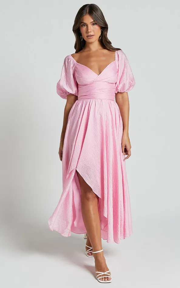Showpo Dorothea Midi Dress 8211 V Neck Puff Sleeve Ruched Bust In Pink Women Dresses Showpo Dorothea Midi Dress 8211 V Neck Puff Sleeve Ruched Bust In Pink Women Dresses
