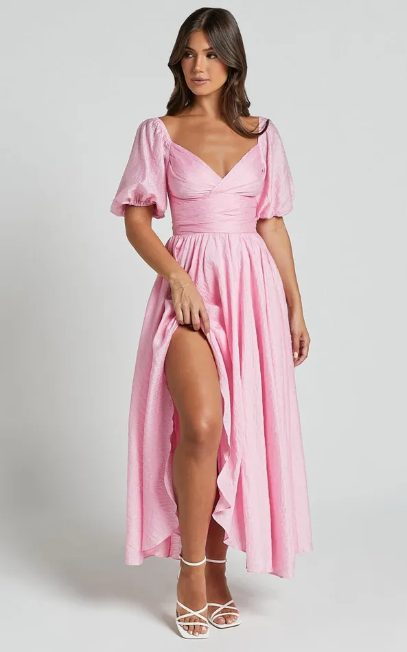 Showpo Dorothea Midi Dress 8211 V Neck Puff Sleeve Ruched Bust In Pink Women Dresses