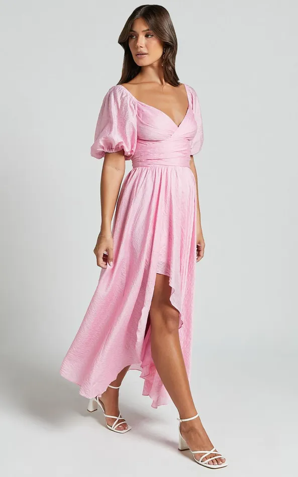 Showpo Dorothea Midi Dress 8211 V Neck Puff Sleeve Ruched Bust In Pink Women Dresses