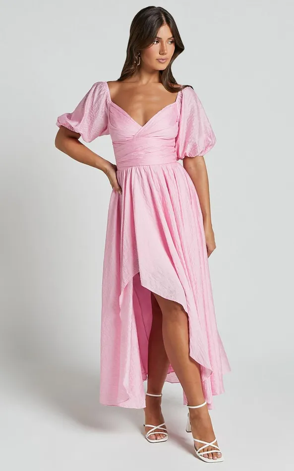 Showpo Dorothea Midi Dress 8211 V Neck Puff Sleeve Ruched Bust In Pink Women Dresses
