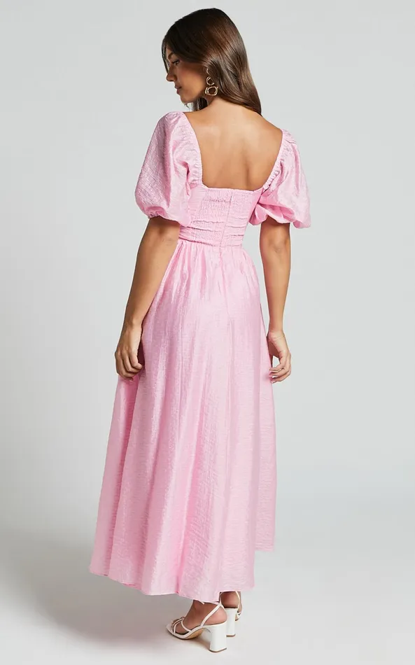 Showpo Dorothea Midi Dress 8211 V Neck Puff Sleeve Ruched Bust In Pink Women Dresses