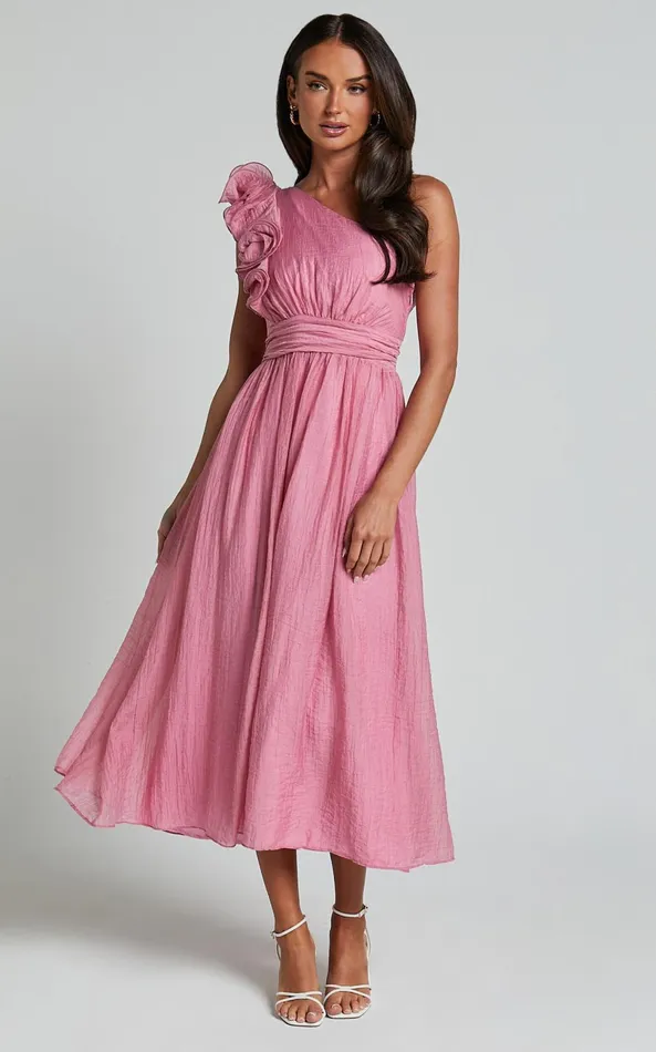 Showpo Dorothy Midi Dress 8211 One Shoulder Frill Detail Fit And Flare Dress In Pink Women Dresses Showpo Dorothy Midi Dress 8211 One Shoulder Frill Detail Fit And Flare Dress In Pink Women Dresses