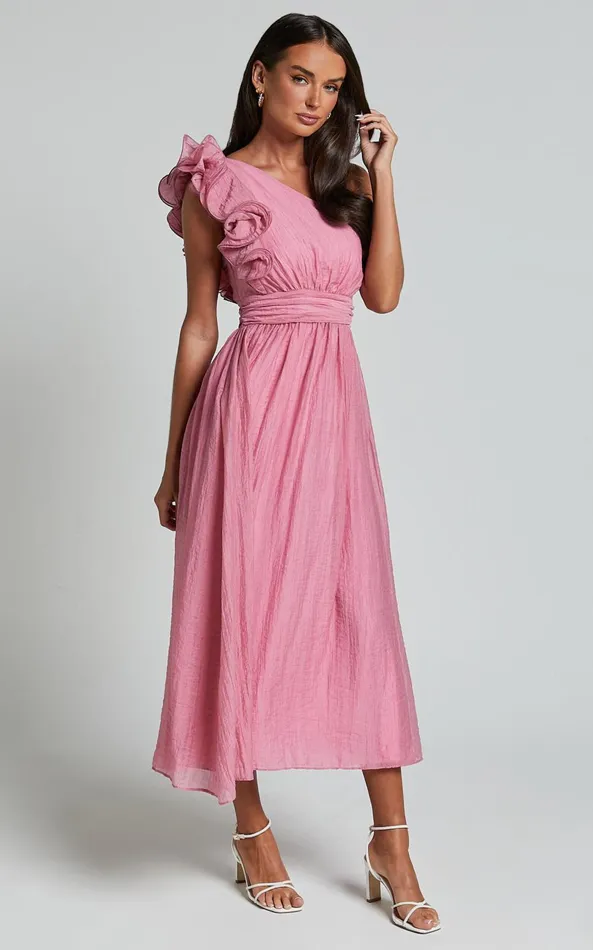 Showpo Dorothy Midi Dress 8211 One Shoulder Frill Detail Fit And Flare Dress In Pink Women Dresses
